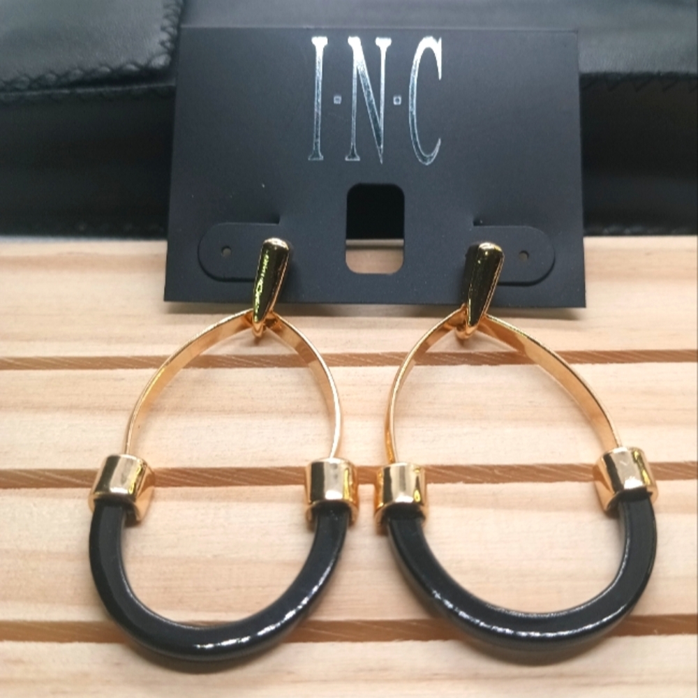 INC Black and Gold Tone Dangle Hoops